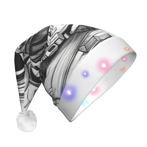 Monochromer Skizzen-Stil Gaming-Druck Weihnachtsmütze mit LED-Lichtern für Erwachsene, Unisex, bequem, festlich, Partyhut von SDFHU