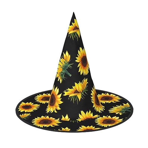 SDFHU Sonnenblumen-Blühende Blumen, Pflanzen, schwarz-gelber Druck, lustige Halloween-Hüte für Party-Dekorationen – einzigartige Hexenhüte für Damen und Herren von SDFHU