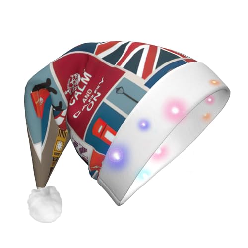 SDFHU Weihnachtsmütze mit England-Symbolen, mit LED-Lichtern, für Erwachsene, Unisex, bequem, festlich, Partyhut von SDFHU