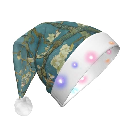 SDFHU Weihnachtsmütze mit Mandelblüten-Aufdruck, mit LED-Lichtern, für Erwachsene, Unisex, bequem, festlich, Partyhut von SDFHU