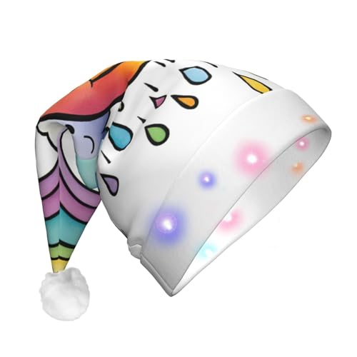 SDFHU Weihnachtsmütze mit Regenbogen-Wolken, Regentropfen, 1 Druck, mit LED-Lichtern, für Erwachsene, Unisex, bequem, festlich, Partyhut von SDFHU