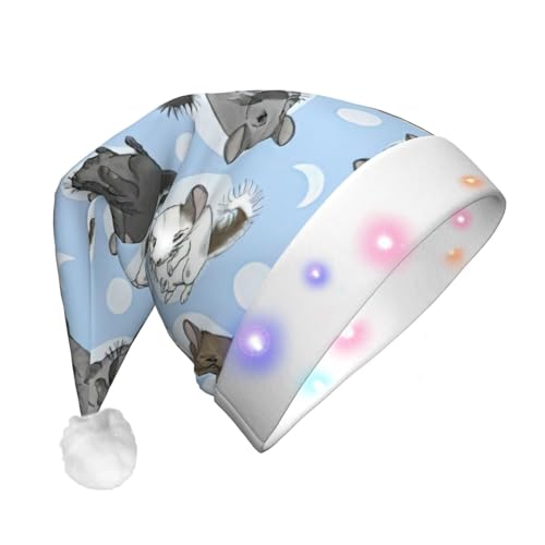 SDFHU Weihnachtsmütze mit blauem Chinchillas und Mond-Druck, mit LED-Lichtern, für Erwachsene, Unisex, bequem, festlich, Partyhut von SDFHU