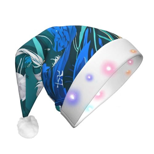 SDFHU Weihnachtsmütze mit blauer Fliege und Libellen-Druck, mit LED-Lichtern für Erwachsene, Unisex, bequem, festlich, Partyhut von SDFHU