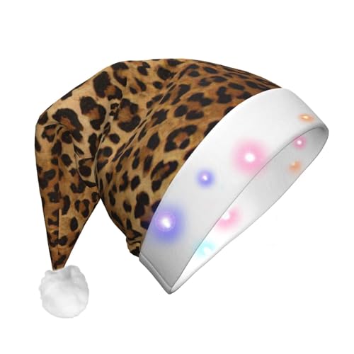 SDFHU Weihnachtsmütze mit niedlichem Leopardenmuster und LED-Lichtern für Erwachsene, Unisex, bequem, festlich, Partyhut von SDFHU