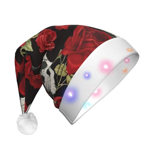 Weihnachtsmütze mit Rosen-Totenkopf-Aufdruck, mit LED-Lichtern, für Erwachsene, Unisex, bequem, festlich, Partyhut von SDFHU