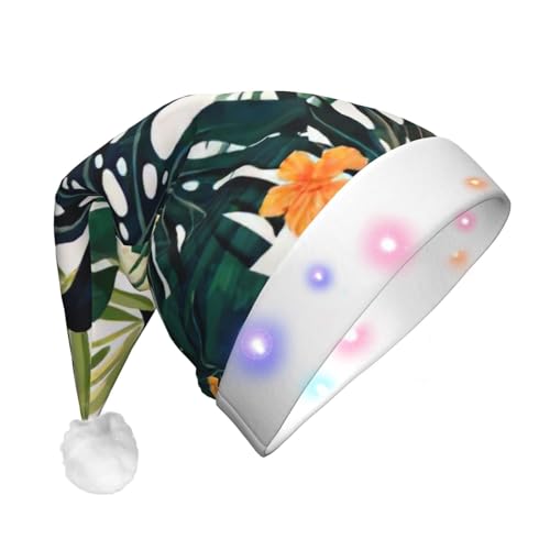 Weihnachtsmütze mit tropischem Sommer, Hawaii-Blume, Palmblätter, mit LED-Lichtern, für Erwachsene, Unisex, bequem, festlich, Partyhut von SDFHU