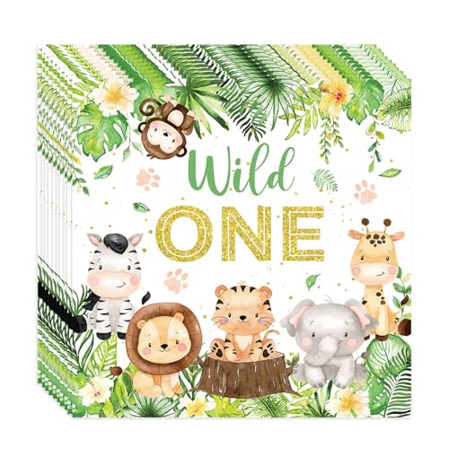 20 Stück Servietten Kindergeburtstag,Servietten Dschungel,Party Motiv Tiere,Blätter,Party Animals,Grün für Waldtiere Geburtstag und servietten Tiere 16.5x16.5cm von SDFLKAE