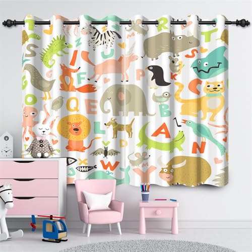 SDOTPMT 107x160cm Cartoon Tier Fenster Vorhang Safari Hippo Elefant Katze ABC Brief Fenster Vorhänge Zoo Druck Muster Fenster Behandlung für Kinder Schlafzimmer Dekor Verdunkelung Vorhänge,2 Panels von SDOTPMT