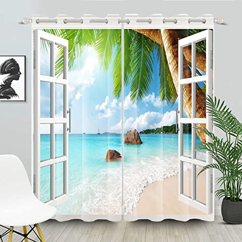 SDOTPMT 107x160cm Sommer Strand Fenstervorhang Blau Ozean Natürlich Hawaiisch Sicht Fenstervorhänge Insel Palme Blickdichte Vorhänge für Kinder Schlafzimmer Thermisch isoliert Vorhang, 2 Stücke von SDOTPMT