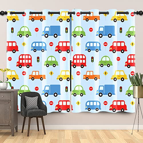 SDOTPMT 107x215cm, 2 Stücke Kinder Karikatur Fahrzeuge Muster Fenstervorhang Taxi LKW Bus Fenstervorhänge Verkehr Licht Auto Handgezeichnet Schiebevorhänge für Kinderzimmer Verdunkelung Vorhänge von SDOTPMT