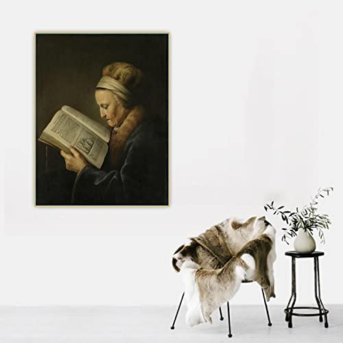 SDVIB Druck auf Leinwand《alte Frau liest Buch Malerei》Gerrit Dou Leinwand Ölgemälde Poster Bild Heimdekoration Malerei 60x80cm Rahmenlos von SDVIB