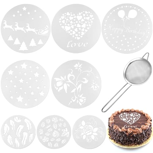 SDwfxd 8 Stück Tortenschablone, 24 * 24cm/15 * 15cm Plastik Wiederverwendbar Round Schablone Torte, mit 1 Stück Sieb Küche, für Kuchen, Schokolade, Dessert von SDwfxd