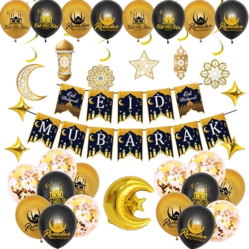 SEAHUI 30 Stück Eid Mubarak Party Dekorationen Eid Mubarak Banner Ballon Spirale Dekor Schwarz Gold Latex Ballons Mond Folienballon Konfetti Ballon für Eid Mubarak Ramadan Eid Al Adha Party Supplies von SEAHUI