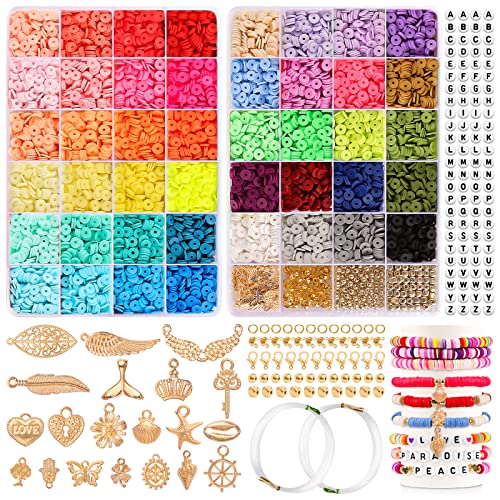 SEANTUA Perlen zum Auffädeln, 9600 Stück 6MM Heishi Perlen Set,2-Boxen Armband Making Kit, 44 Farben Clay Perlen mit A-Z Buchstabenperlen, Bracelet Making Kit Kreativ Geschenk für Erwachsene Kinder von SEANTUA