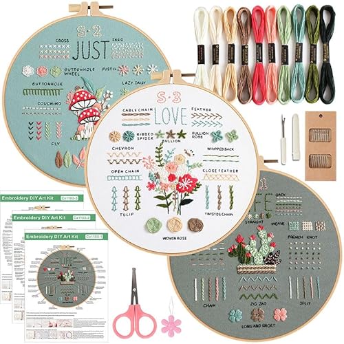 SEBOVIM 3 Sets Stickset für Anfänger,Blumenmuster Pflanzen Sticken Set für Erwachsene mit Reifen,DIY Embroidery Kit Stickerei Kreuzstich Set,Kunstprojekt Bastelset von SEBOVIM