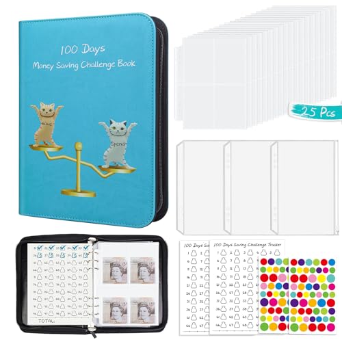 SEEALLDE 100 Umschläge Saving Challenge Binder mit Reißverschluss, niedliche Katze, Geldsparbuch mit laminiertem Tracker für Budgetierung, Bargeldfüllung von SEEALLDE