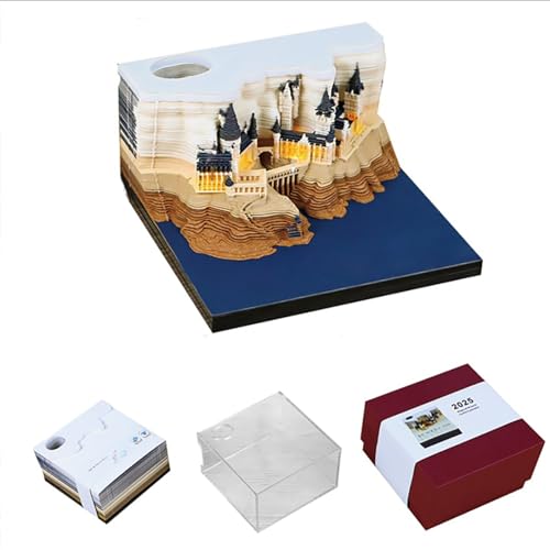 3D Kalender 2025, 3D Wochenkalender Abreißen, 3D Tischkalender-Notizblock, 3D Notizblock, 3D Papierskulptur Magic Castle, 3D Kreative DIY Desktop-Ornament, mit LED Licht und Stifthalter von SEHAUSEU