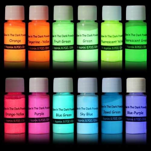 SEISSO Fluoreszierendes Leuchtpulver, Epoxidharz Leuchtpulver Mica Pulver Leuchtpulver Set mit UV Lampe, Fluoreszierende Farbe, ideal für DIY-Projekte, 240g (12er × 20g) von SEISSO