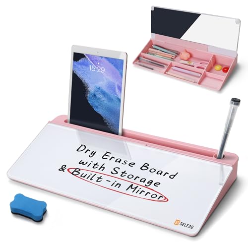 SELEAD Schreibtisch-Glas-Whiteboard mit Organizer und integriertem Spiegel, klein, trocken abwischbar, Computer-Pad, Tastaturständer mit Markern, Radiergummi, Halter für Frauen und Mädchen, Rosa von SELEAD