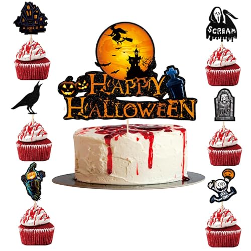 7 Stücke Halloween Cupcake Topper,Tortendeko Halloween,Halloween Kuchen Deko,Halloween Picks,Halloween Papier Cupcake Topper,Picks Spinnen Cake Dekoration für Happy Halloween Party von SEMINISMAR