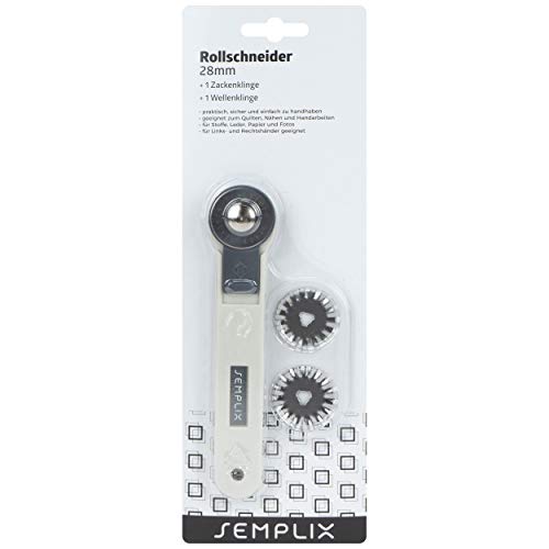 SEMPLIX Rollschneider Mini Ø 28mm 3 Klingen (Gerade-Zacken-Wellen) und Klingenschutz, Stoffschneider für Bastel- und Nähmaterialien (grau) von SEMPLIX