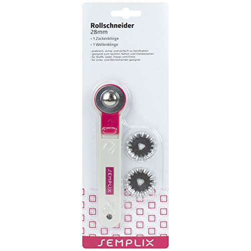 SEMPLIX Rollschneider Mini Ø 28mm 3 Klingen (Gerade-Zacken-Wellen) und Klingenschutz, Stoffschneider für Bastel- und Nähmaterialien (pink) von SEMPLIX