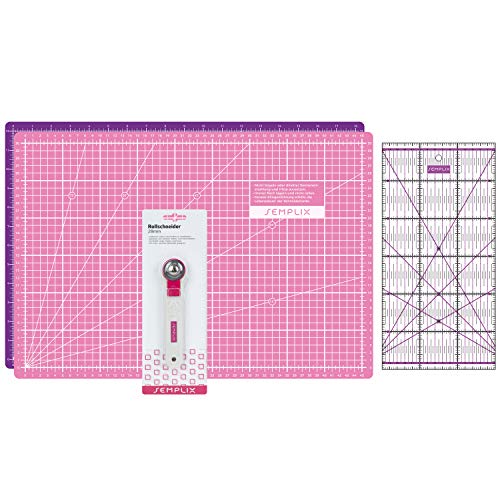 SEMPLIX Schneidematten Set (A3) Ideal für Näh-, Bastel- und Patchworkarbeiten, Schneideunterlage 45 x 30 cm, Rollschneider Mini 28 cm, Patchwork-Lineal 30 x 15 cm (pink/lila) von SEMPLIX