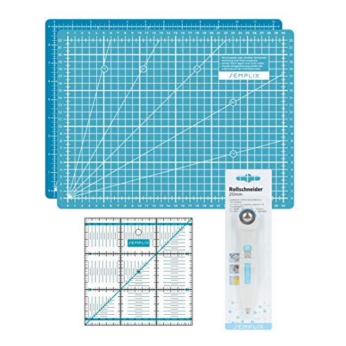 SEMPLIX Schneidematten Set (A4) Ideal für Näh-, Bastel- und Patchworkarbeiten, Schneideunterlage 30 x 22 cm, Rollschneider Super Mini 20 cm, Patchwork-Lineal 15 x 15 cm (türkis/petrol) von SEMPLIX