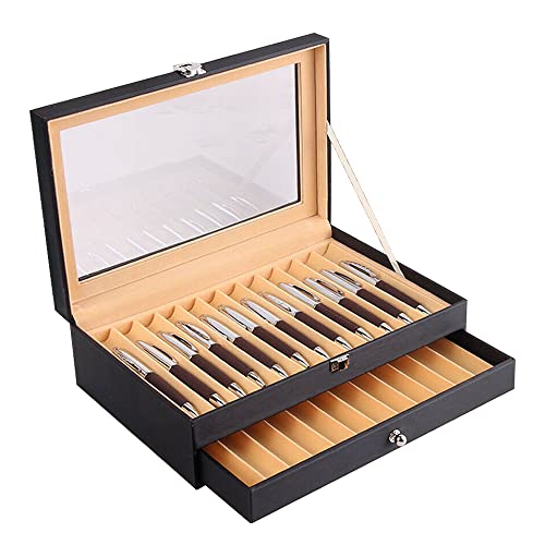 SENDERPICK Füllfederhalter Display Box - PU-Leder Füller Schaukasten 24/36 Pen Halter Aufbewahrungsbox, Penbox Holz Display Case Veranstalter (24 Slot, schwarz) von SENDERPICK