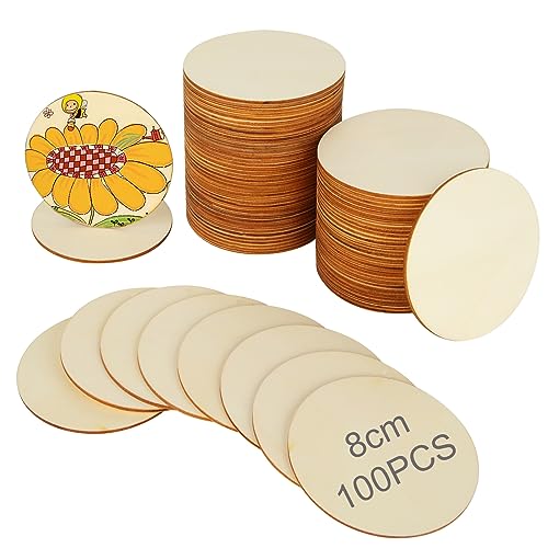 SENENQU 100er Pack Runde Holzscheiben 8 cm - Runde Holzscheiben 8 cm Durchmesser - 2.5 mm Dick Holzplatte zum Basteln - Holzplatte Rund Ausschnitte für Untersetzer & zum Basteln von SENENQU