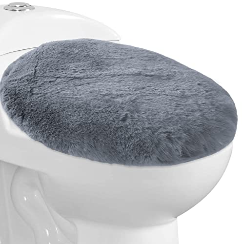 WC-Deckelbezug mit Rundumgummi, weicher Plüschstoff, maschinenwaschbar, passend für die meisten WC-Deckel für Badezimmer (Hellgrau) von SENOMOR