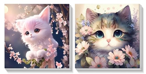 SENQAO 2 Stück Malen Nach Zahlen Erwachsene Kinder mit Rahmen, Katze Malen Nach Zahlen ab 5 6 7 9 Jahre Mädchen, Diy Set Erwachsene Acrylfarben Ölgemälde Leinwand für Home Décor, 20x20cm von SENQAO