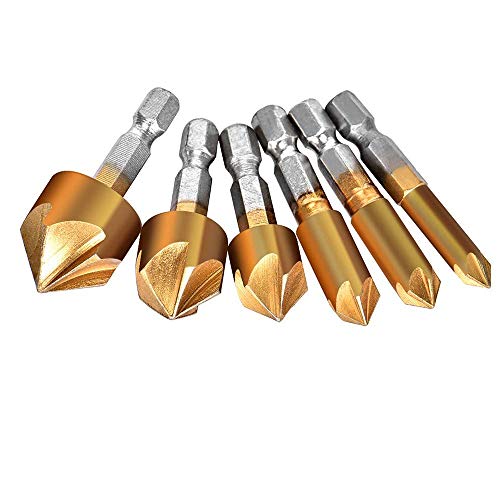 Sensise HSS Kegelsenker Bohrer-Set, 6-teilig, 5 Flöten, 90 Grad, Mittelstanzwerkzeug-Sets für Holz, Schnellwechsel-Bits Größe 6 mm, 8 mm, 12 mm, 16 mm, 19 mm von SENRISE