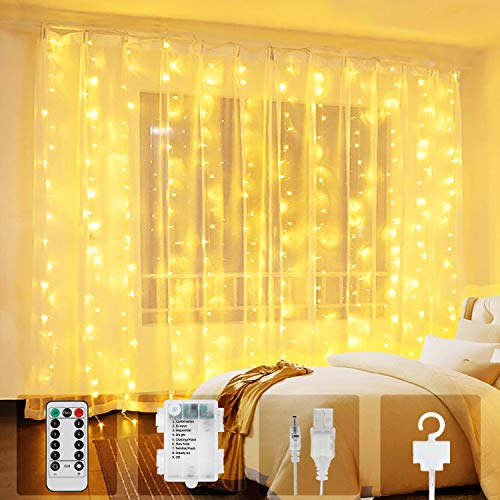 LED Lichtervorhang - 3×3 Meter 300 LED Lichterketten Vorhang Batterie, Wasserfest USB Lichterkettenvorhang mit 8 Modi Fernbedienung Timer, Lichtvorhang Innen Außen Deko für Hochzeit Party Weihnachten von SENYANG