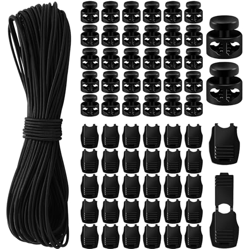 SEPGLITTER Elastische Gummischnur, 30 m Schwarzes Gummiband Gummikordel 30 Stück Reißverschluss und 30 Stück Doppel Loch Kunststoff Cord Locks für Reißverschlusskordeln für Rucksäcke, Schnürsenkel von SEPGLITTER