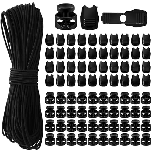 SEPGLITTER Elastische Gummischnur, 40 m Schwarzes Gummiband Gummikordel 40 Stück Reißverschluss und 40 Stück Doppel Loch Kunststoff Cord Locks für Reißverschlusskordeln für Rucksäcke, Schnürsenkel, Kl von SEPGLITTER