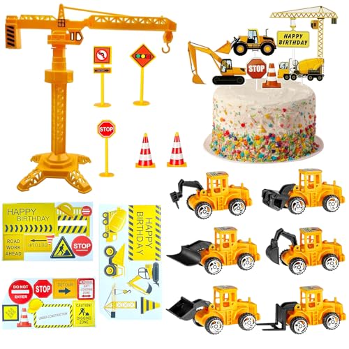 SEPSCO Kuchen Deko Baustelle 39 Stück, Tortendeko Bagger Minibagger Kinder Geburtstag Kuchendeko Baustellenfahrzeuge Tortenaufleger Cupcake Topper Baufahrzeug Verkehrsschilder Spielzeug für Junge von SEPSCO