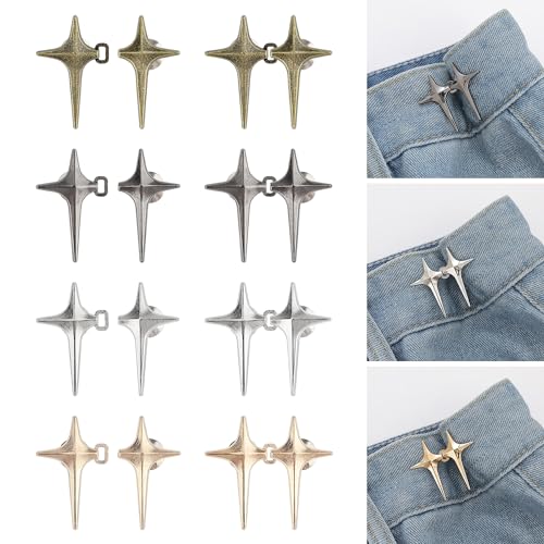 8 Pairs Waist Clip mit vierzackigem Stern Knopf Hose Enger Machen Mit Stiften gesicherte Knöpfe Jeans Knöpfe Ohne Nähen Hosenbund Enger Machen Schwarz, Gold, Silber, Kupfer von SERKABO