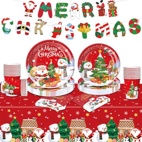 SERTAS Weihnachtsparty-Teller, Weihnachtspappteller, Weihnachtsgeschirr, Weihnachts-Party-Teller-Set mit Tasse, Seidenbanner, Tischdecke (B) von SERTAS