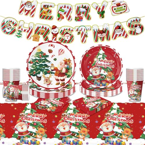 SERTAS Weihnachtsparty-Teller, Weihnachtspappteller, Weihnachtsgeschirr, Weihnachts-Party-Teller-Set mit Tasse, Seidenbanner, Tischdecke (C) von SERTAS