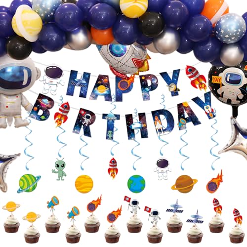 Weltraum Kindergeburtstag Deko Set,Astronaut Raketen Folienballons mit Happy Birthday Girlande, Luftballons Raumschiff für Weltraum Themen Party Geburtstag Dekoration Junge von SERTAS