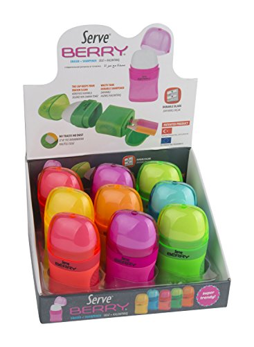 Serve SV-BERRY9KTKR Berry Eraser & Sharpener In One Body, In 9 pcs Paper Box Eraser & Sharpener In One Body MIX FLUORESCENT COLOURS von SERVE