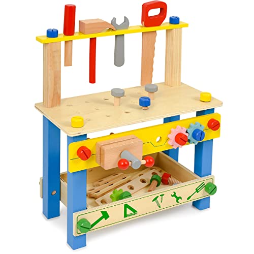 SEVICO Werkzeugbank für Kinder aus Holz Spielzeug Spiel kreatives Bauen Höhenverstellbar Werkstatt für Kleinkinder für Kinder ab 3 Jahren 46x33x65 cm von SEVICO