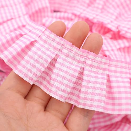 Gingham-Rüschenband, plissiert, Spitzenbordüre, gerafftes Gingham-Band, Stoff-Rand, für Heimdekoration, Merch, 4 x 4,5 m, Rosa von SEWDIYTR