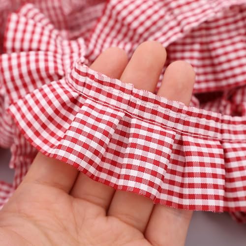 Gingham-Rüschenband, plissiert, Spitzenbordüre, gerafftes Gingham-Band, Stoff-Rand, für Heimdekoration, Merch, 4 x 4,5 m, Rot von SEWDIYTR