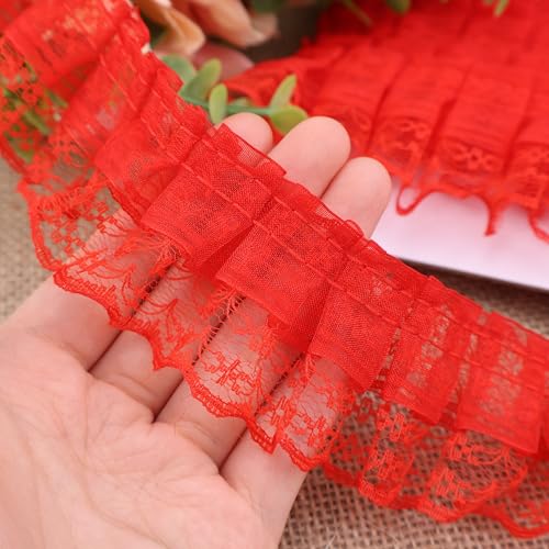 Rotes Spitzenband mit Rüschen, zum Basteln, 4,8 x 4,5 m, 2-lagig, plissierter Rand, Spitzenband von SEWDIYTR