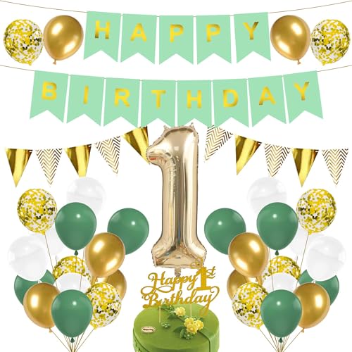 1. Geburtstag Dekorationen, Grün Bronzing Happy Birthday Banner Gold Dreieck Wimpelkette Girlande Happy 1st Birthday Cake Topper Grün Gold Konfetti Ballons für Mädchen Jungen Geburtstag Party Jubiläum von SEWIRUY