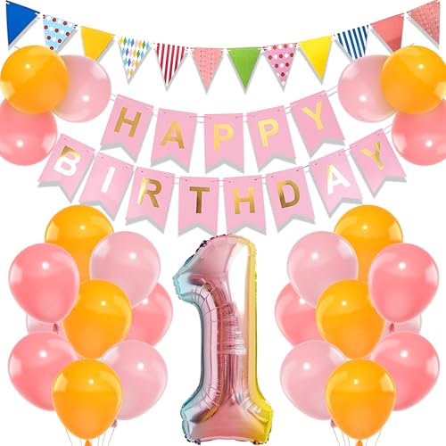 1. Geburtstag Dekorationen Mädchen Pastell - 27 Stück Erster Geburtstag Dekorationen Mädchen inklusive Regenbogen Dreieck Pull Flag Pink Happy Birthday Banner Nummer 1 Folienballon Orange Latex von SEWIRUY