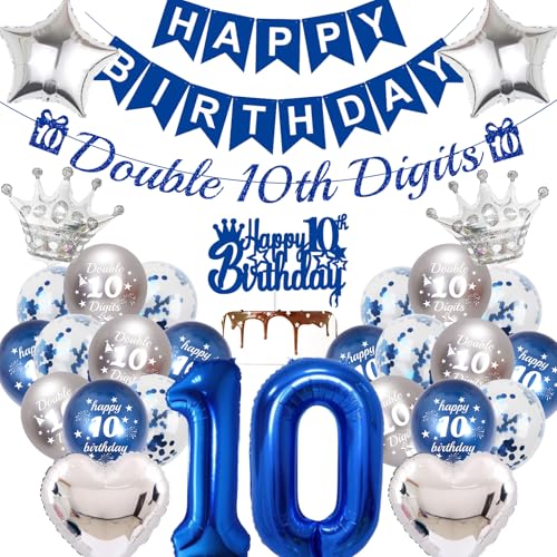 10. Geburtstag Dekorationen Jungen Blau - 31 Stück Doppelstellige Party Dekoration mit Banner, Stern Herz Zahl 10 Folienballon Silber Latex Ballons Kuchen Topper für 10. Geburtstag Supplies von SEWIRUY