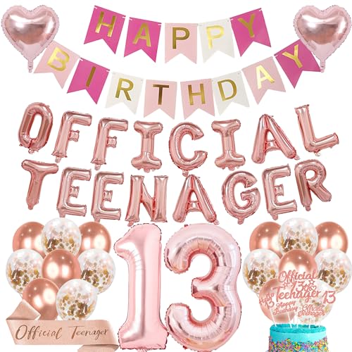 13. Geburtstag Dekorationen Ballon Banner - 39Pcs Rose Gold Mädchen Party Dekoration Inklusive Offizieller Teenager Brief Ballons Nummer 13 Folienballon Kuchen Topper Schärpe für Mädchen von SEWIRUY